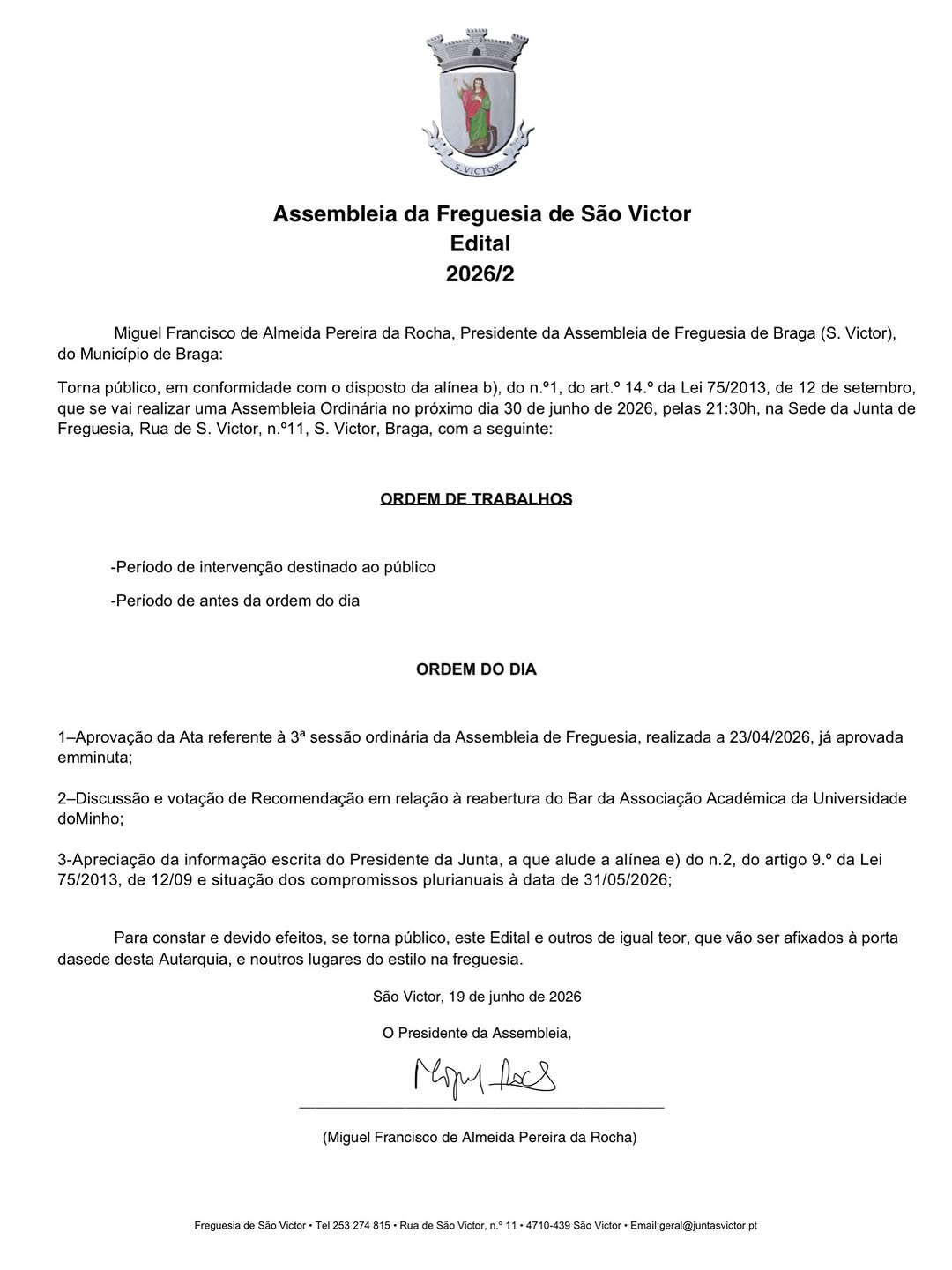 Sessão Ordinária Assembleia de Freguesia de S. Victor
